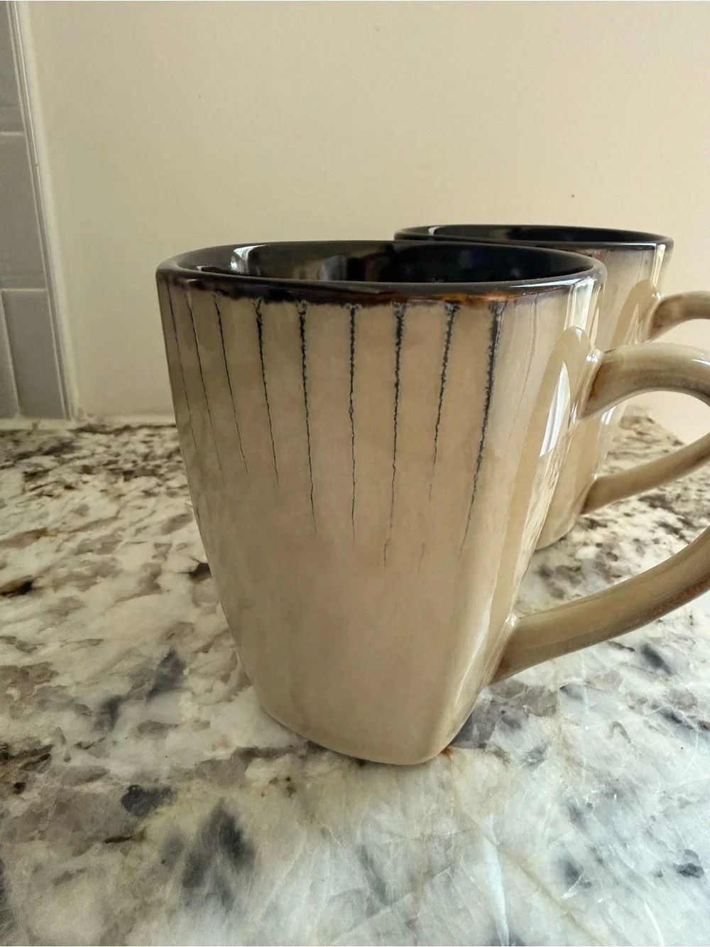 Threshold Beige Ceramic Mugs with Dark Blue Rim - Set of 2